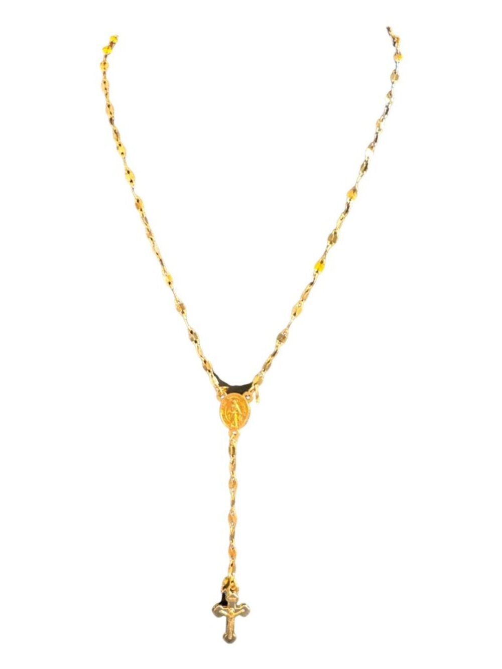 Gold-Plated Rosary Necklace With Cross Pendant And Virgin Mary Medal